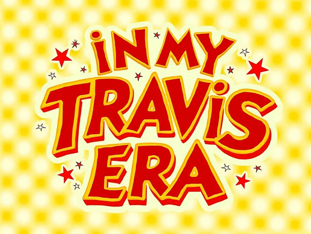 vector. Create a retro-inspired graphic design featuring the text IN MY TRAVIS ERA in bold, psychedelic lettering. The letters should be outlined in yellow and filled with a gradient of red and orange hues. The background should be a checkered pattern in yellow and white. Add stars and sparkles around the text for a playful, festive vibe. The overall style should be reminiscent of the 1960s and 1970s, with a focus on bright colors, bold shapes, and a psychedelic aesthetic.