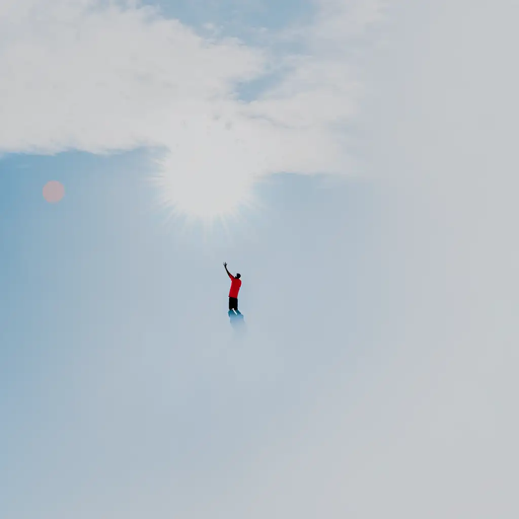 Man Reaching for the Sun in Dark Blue and Red Colors