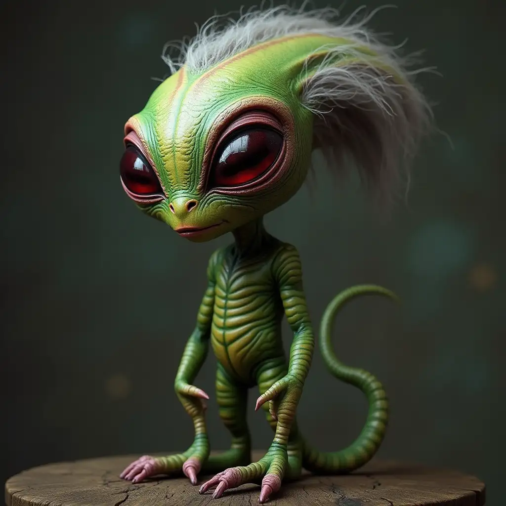 Alien menlich red,black,green skin with wise stripes legs hairy grey hair