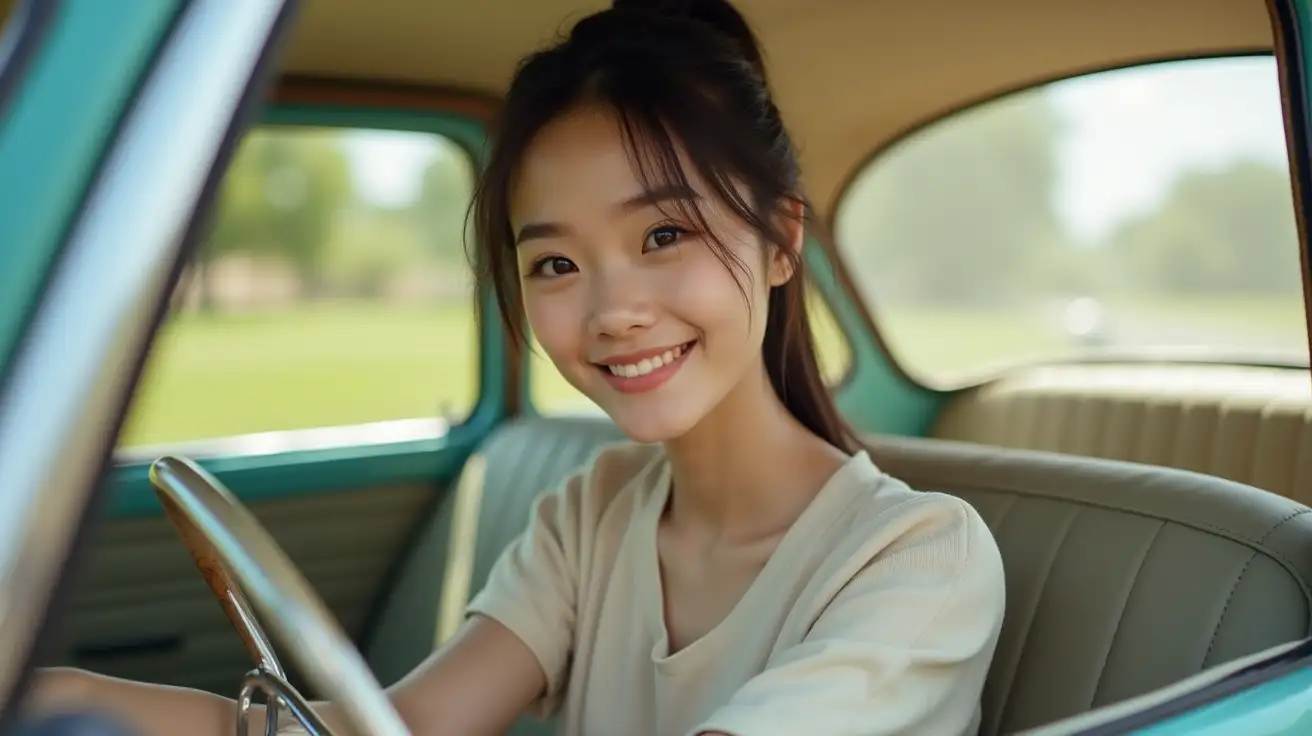 A beautyfull 30 year old chinese girl, with long black hair in a ponytail style. The girl is slender and has a warm and friendly face. She is wearing a short skirt and a summer blouse. She sits in an old volkswagen beetle on a summers day. It will be shot on a canon 5D. It will be a head to toe full body shot