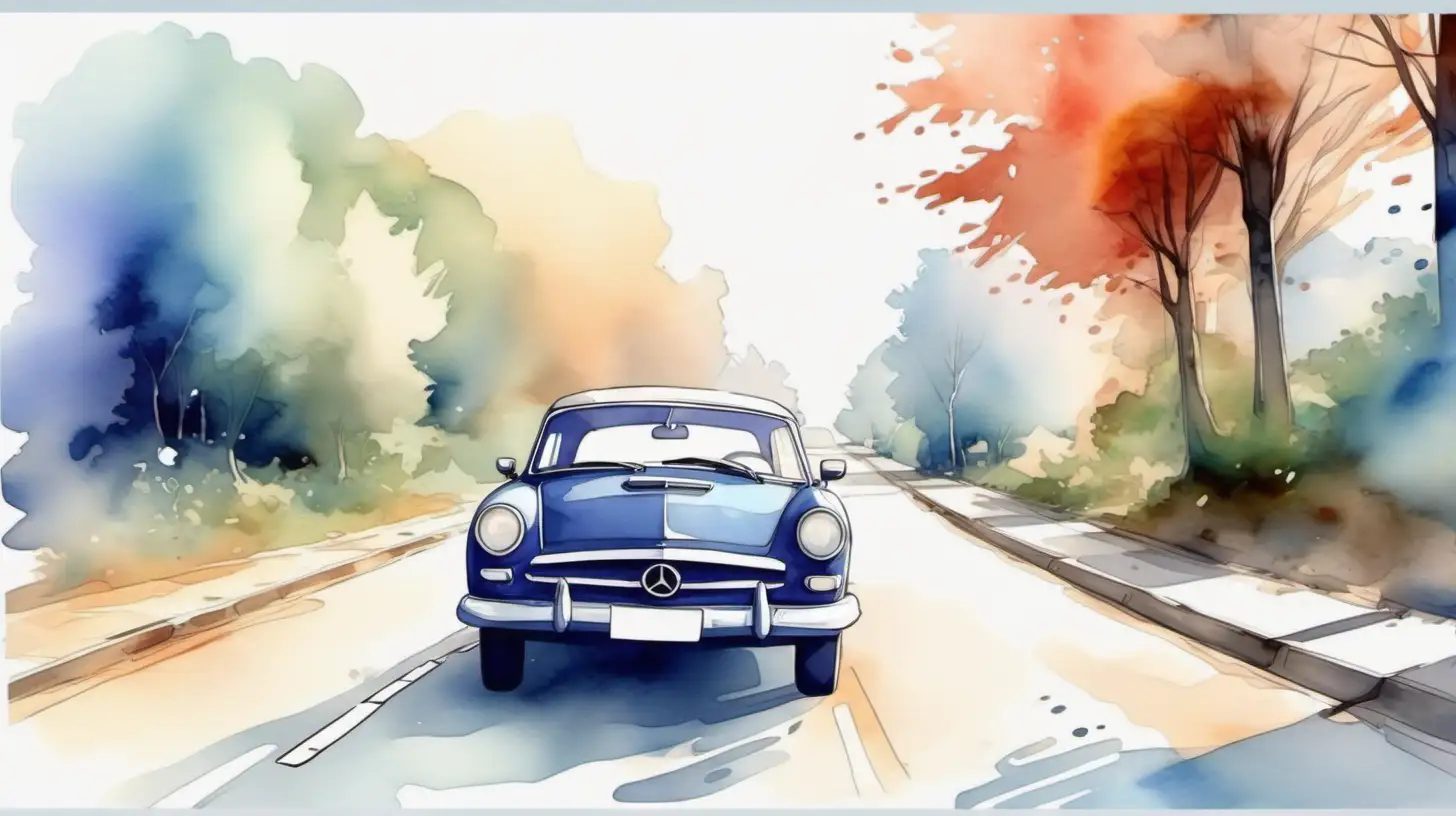 Watercolor Painting of a Car Driving on a Countryside Road