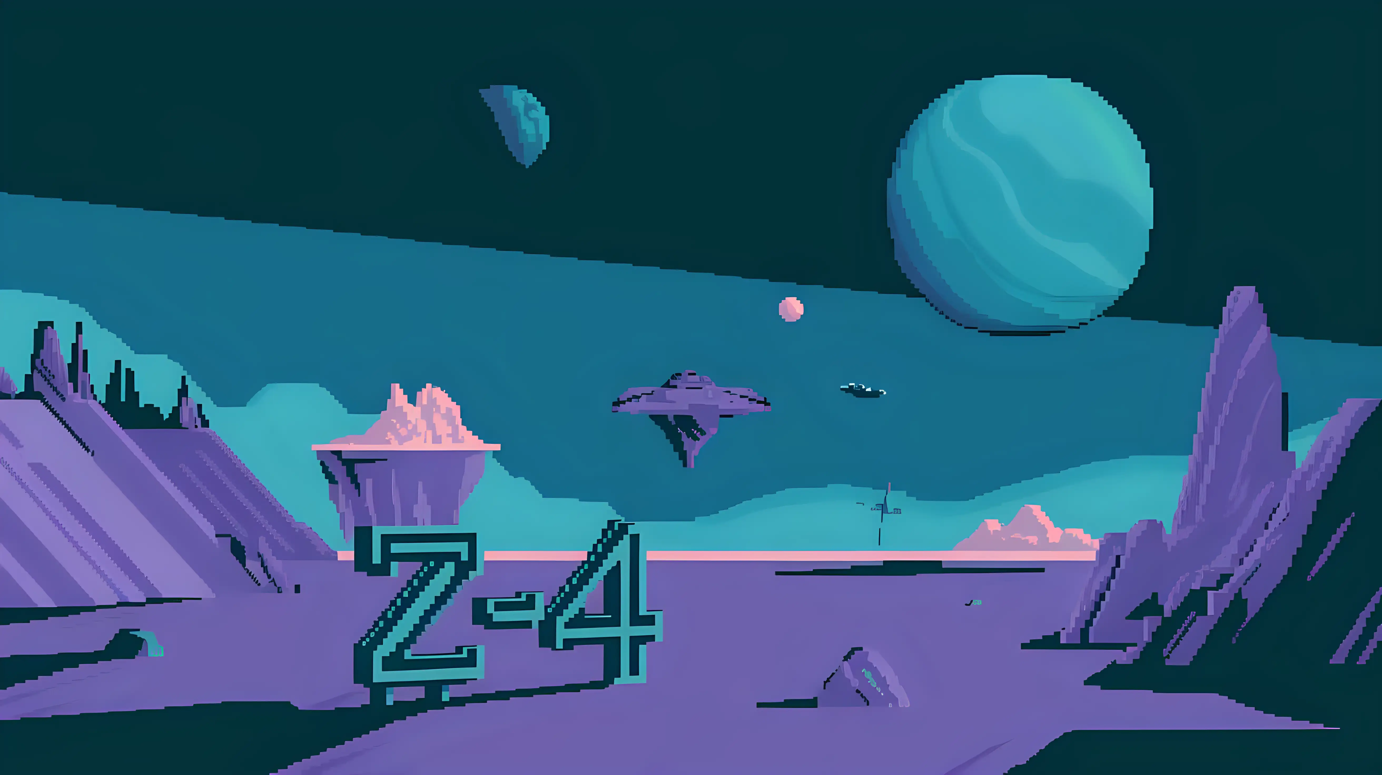 80s Atari Pixelated Videogame Style Alien Landscape with Z4 Sign