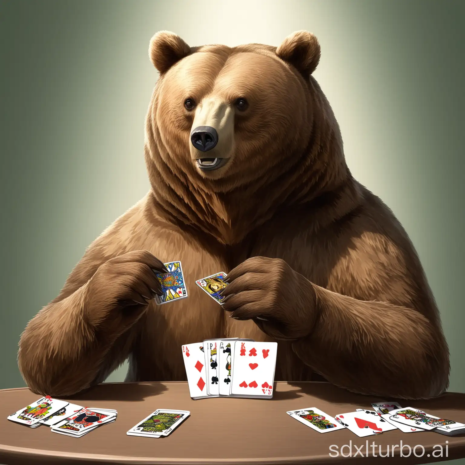 A brown bear sits at the table and holds 3 playing cards in its hand.