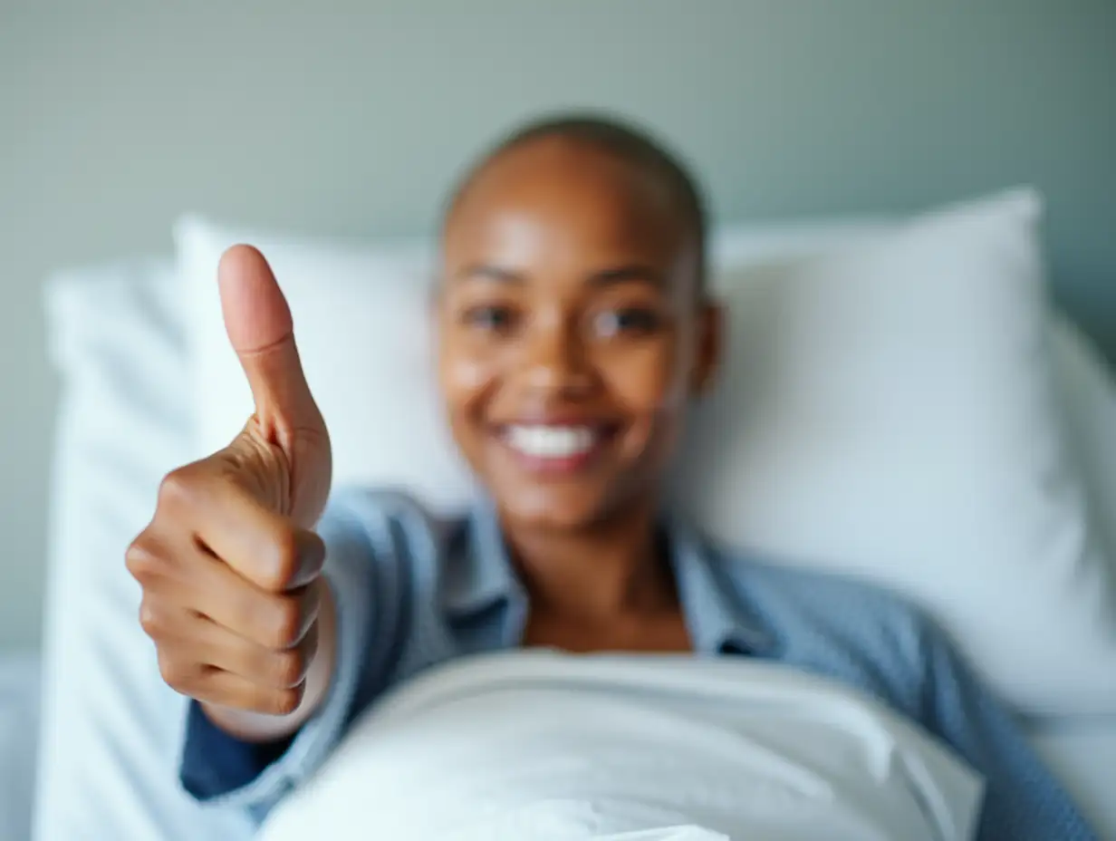 Female cancer patient after chemotherapy showing thumbs up. Portrait of a young bald black woman in a hospital bed. African american woman in hospital. World Cancer Day. Breast Cancer Awareness Month