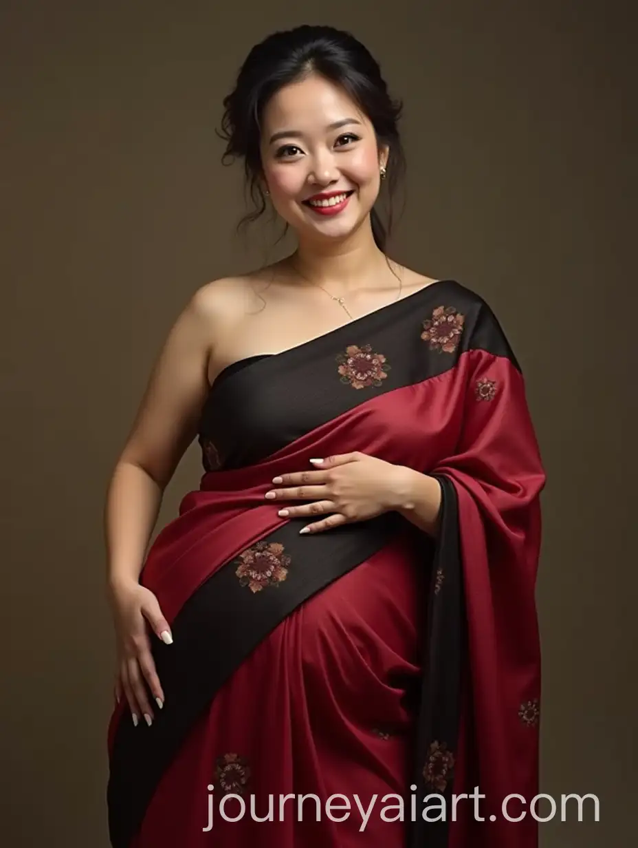 Bubbly-Korean-Woman-in-Exaggerated-Pear-Shape-Wearing-Black-and-Red-Saree-with-Exposed-Midriff