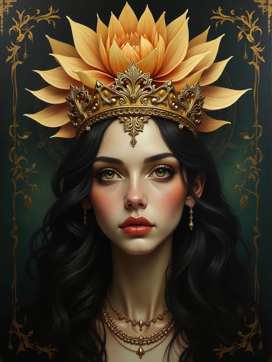 Beautiful woman, (in dark gold) baroque color palette, in a crown with a lotus flower, highly detailed dark art, gothic young woman, acrylic, painting.