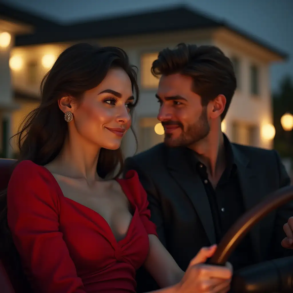 Couple-in-Luxury-Setting-Young-Woman-in-Red-Dress-and-Brunette-Man