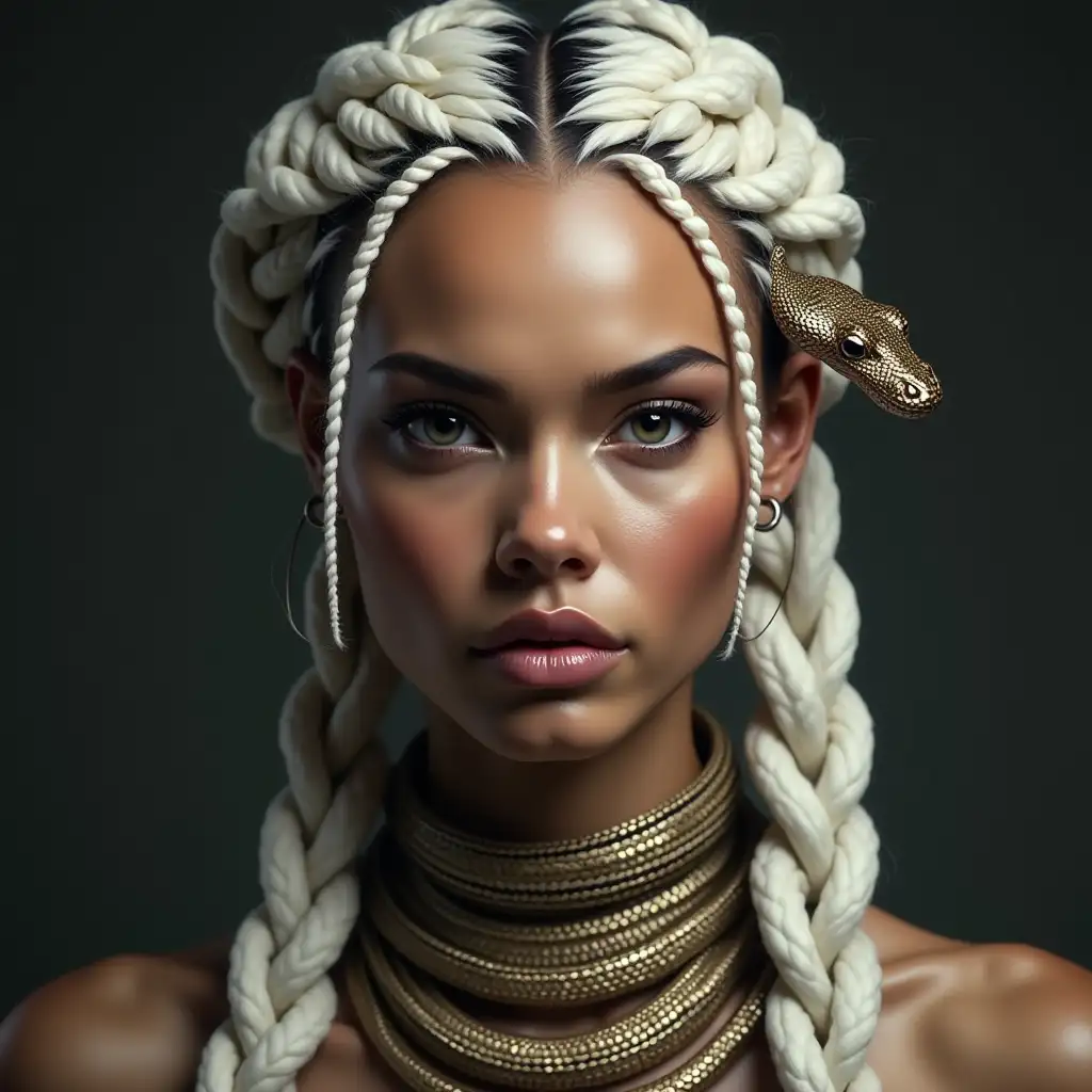 Ultra-detailed hyperrealistic portrait of a woman and snake head with white braids, snake head necklace with flawless attention to texture, surface and lighting, to give depth, dimension and a photorealistic appearance.