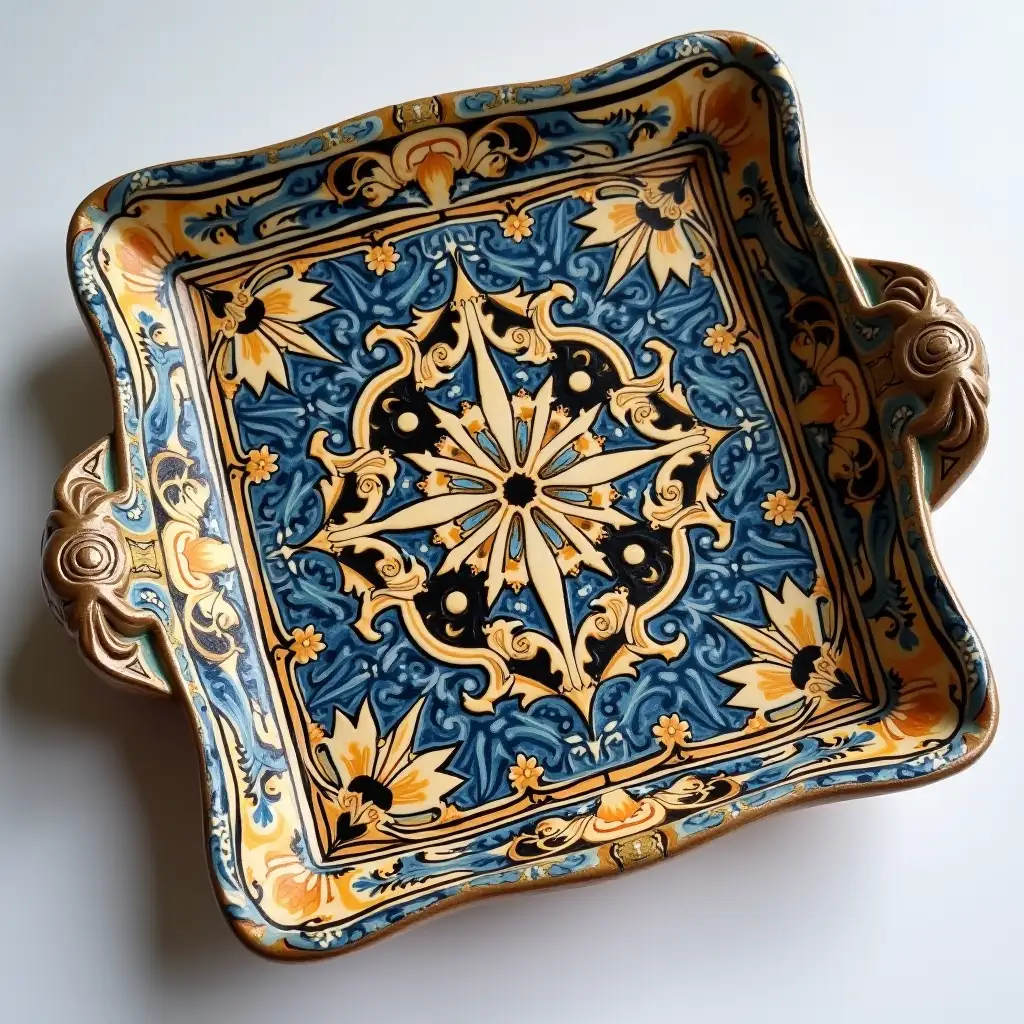 Square with rounded corners ceramic serving dish with embossed beautiful handle,Fine art, Hyper detailed,Antique and old, Qajar art, Iranian Tabriz carpet design