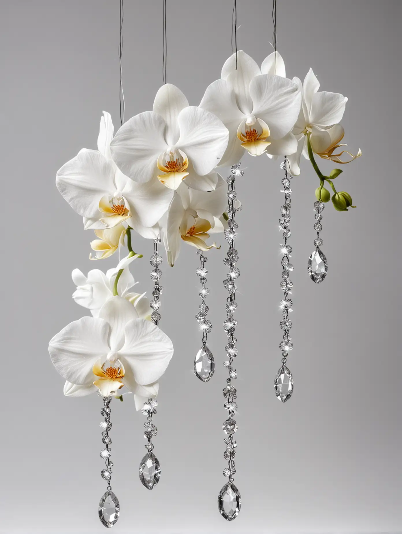 Elegant-White-Orchids-Hanging-from-Crystal-and-Diamond-Strings-on-White-Background