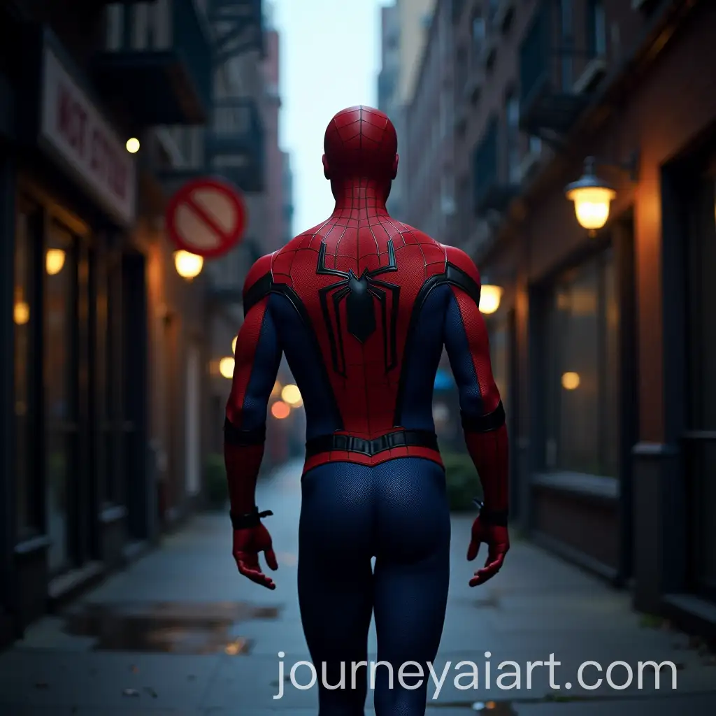 MusAI-Art-Prompt-Expansioncular-SpiderMan-in-Red-and-Blue-Suit-Walking-in-Dimly-Lit-Manhattan-Alley-at-Night