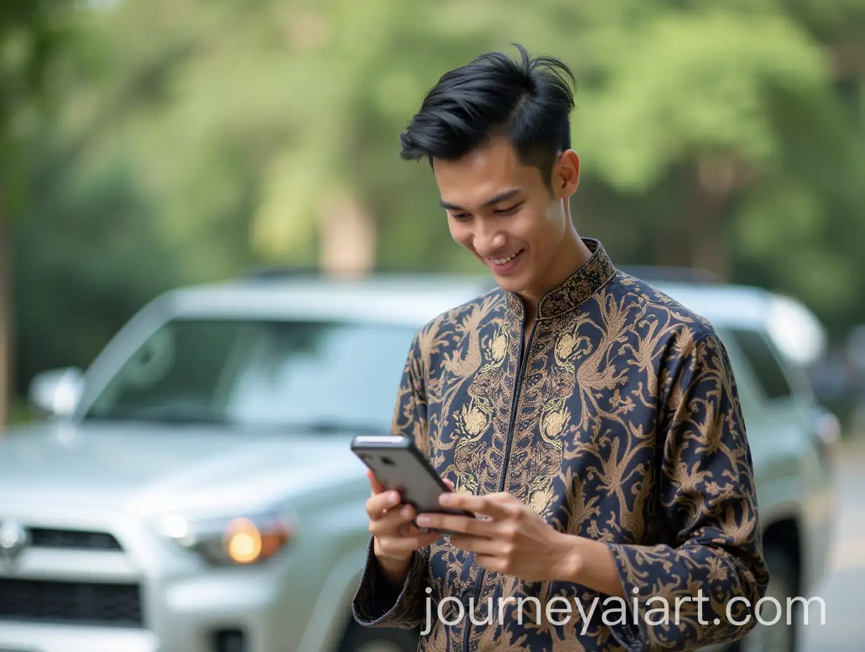 Young-Asian-Man-in-Traditional-Raya-Clothing-Relaxing-by-His-Car-with-Hood-Open