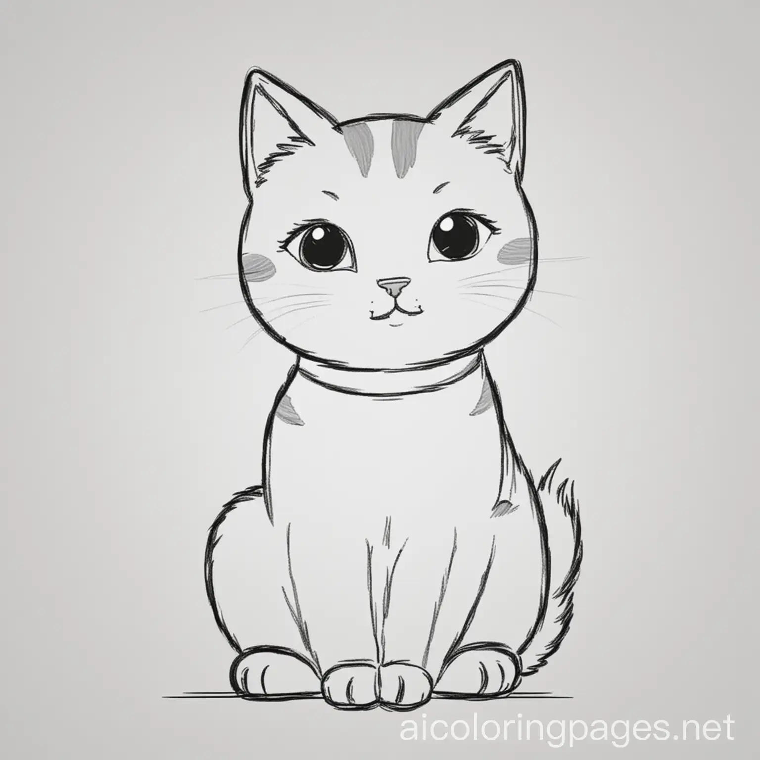 Cat, Coloring Page, black and white, line art, white background, Simplicity, Ample White Space. The background of the coloring page is plain white to make it easy for young children to color within the lines. The outlines of all the subjects are easy to distinguish, making it simple for kids to color without too much difficulty