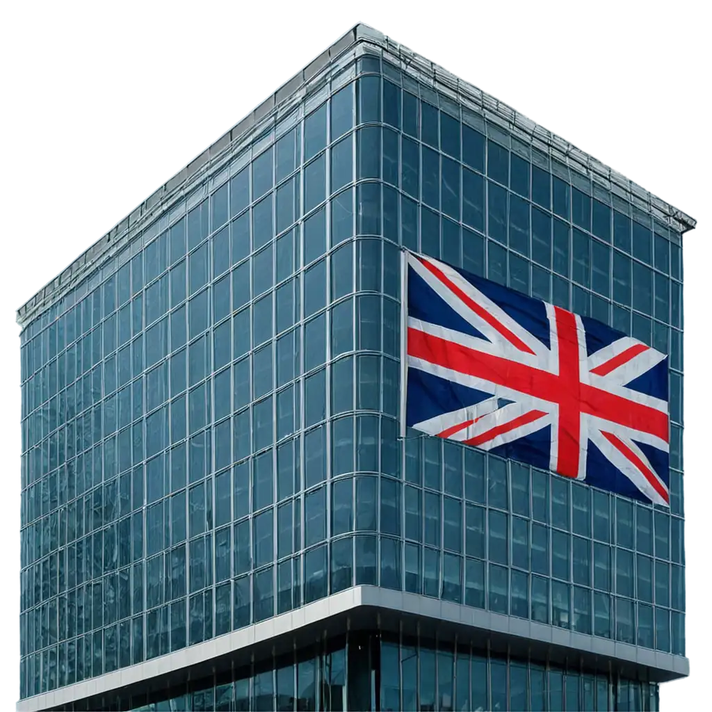 a full of glass building with the UK flag