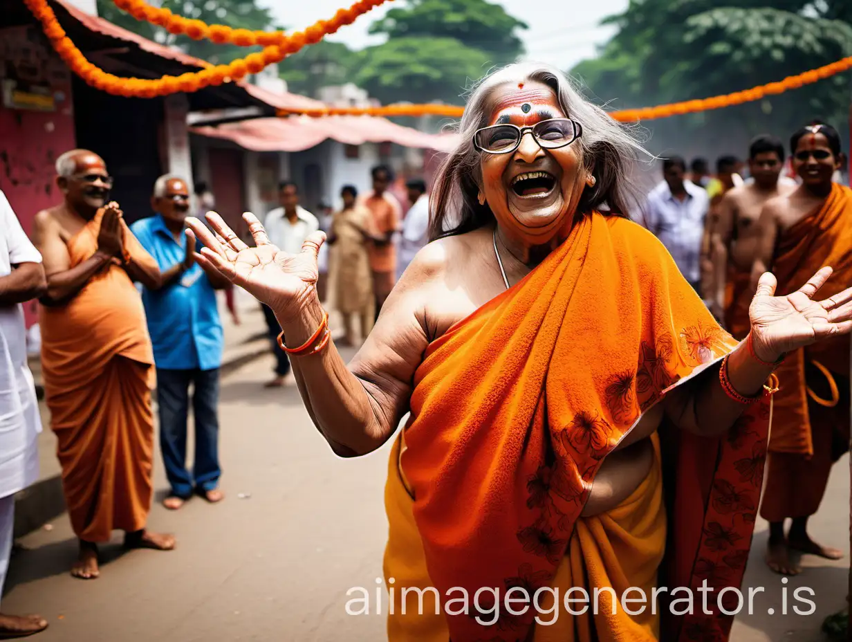 Elderly-Hindu-Woman-Monk-Laughing-at-Ashram-Gate-with-Flower-Garland