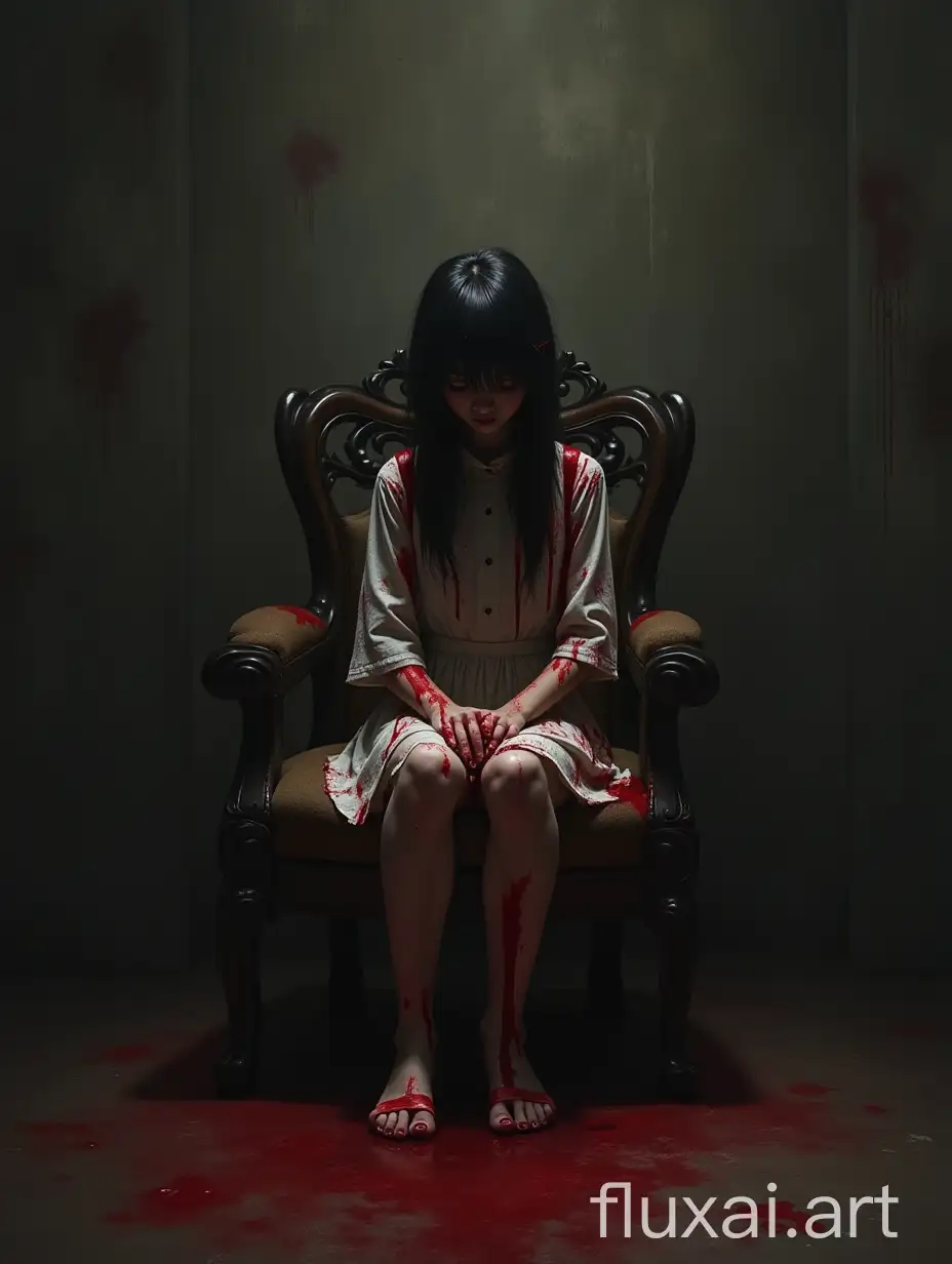 Blood everywhere, girl sits in chair, dark academy style.