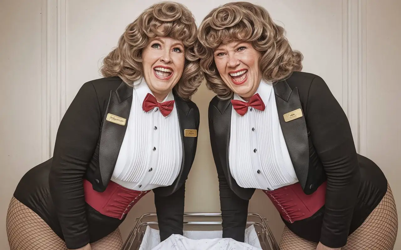 Two-Older-Women-in-Tuxedos-Holding-Diaper-in-Hollywood-Video-Store