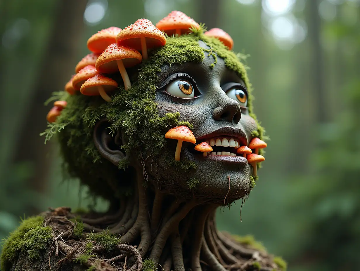 Face with colorful mushroom in mouth roots transformed into building in the forest
