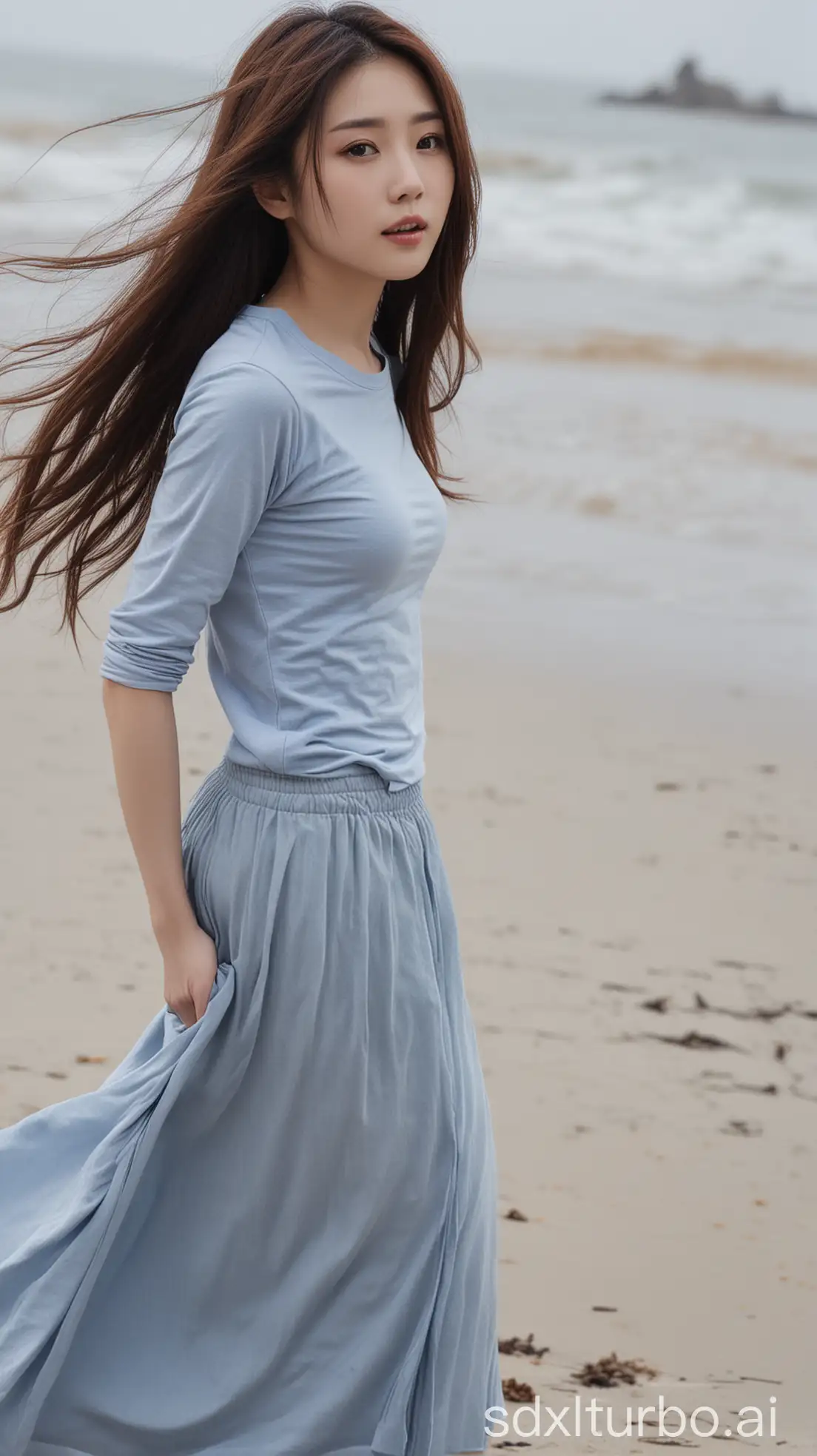 Chinese-Woman-in-Light-Gray-TShirt-and-Long-Skirt-on-Winter-Beach-at-Dusk