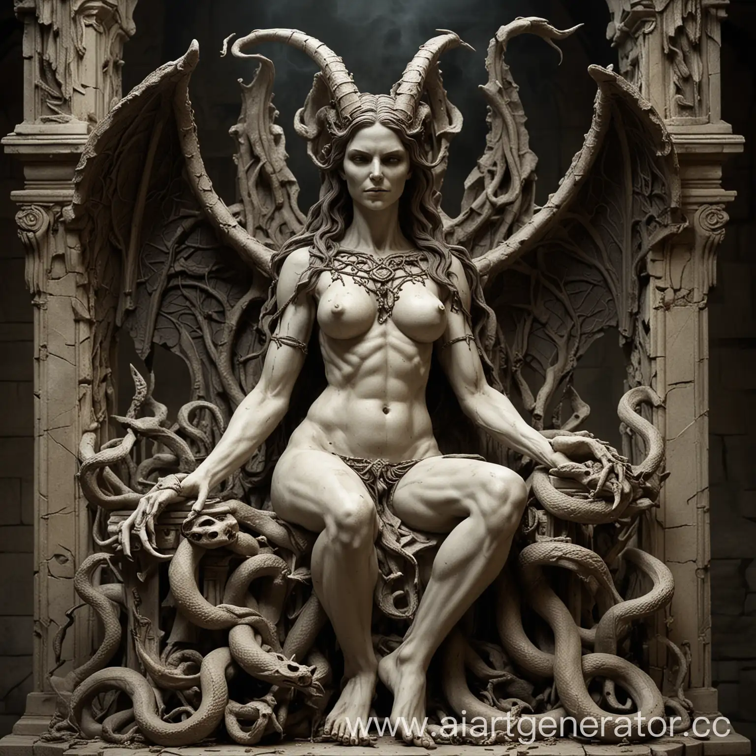 Stone-Statue-of-Demoness-Lilith-on-Throne-of-Bones-with-Snakes-Emerging-from-Belly