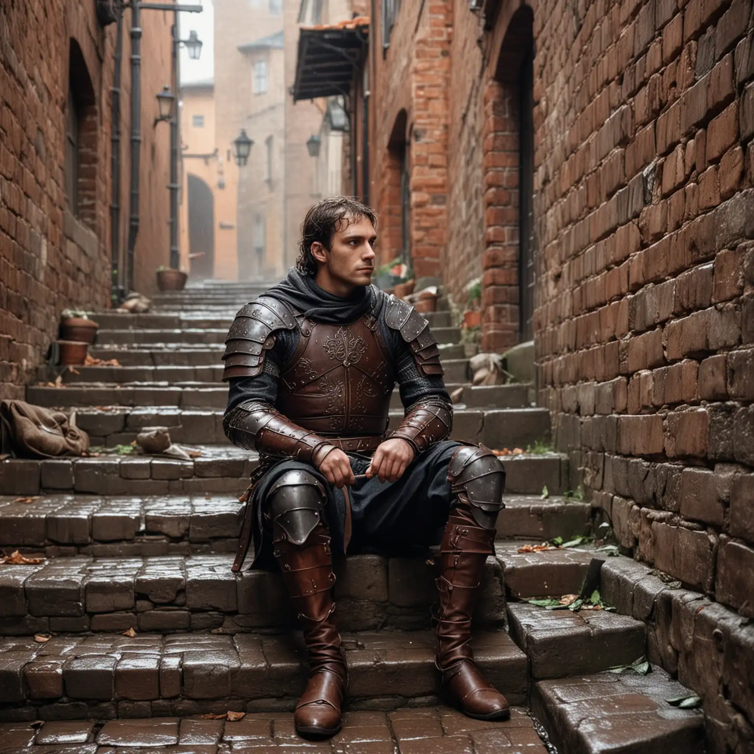 a warrior in a leather armor sits on the steps in an alley, rain, lively street, medieval, brick wall in the background