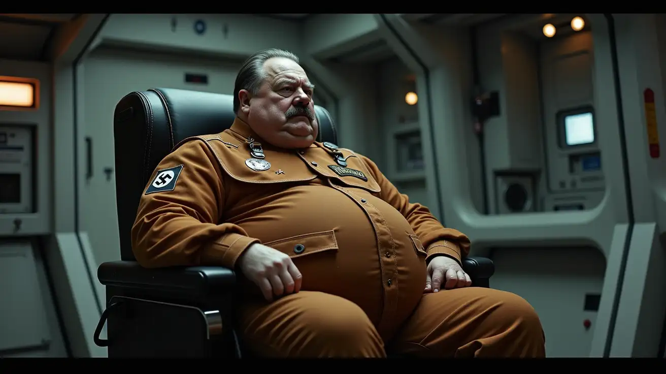 an extremely large, obese Hitler, sat in the crew deck of a very large spaceship wearing a  brown space suit with the nazi symbol on his arm in the style of the series the expanse