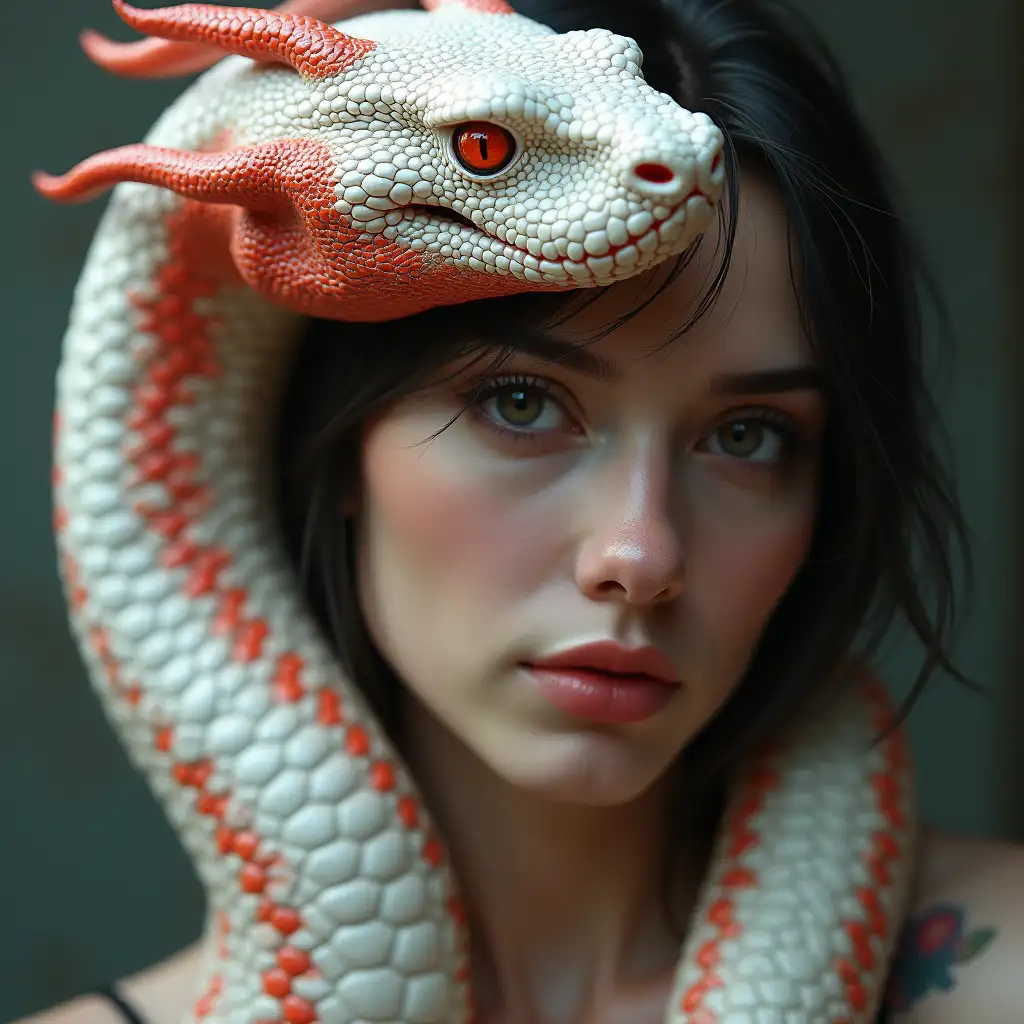 Ultradetailed hyperrealistic digital portrait of a woman with a white and red snake head, with perfect attention to texture, surfaces and lighting, to create depth, dimension and a photorealistic appearance.