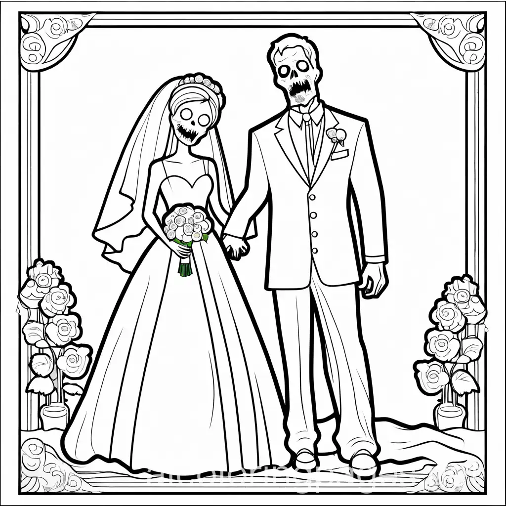 zombie couple wedding, Coloring Page, black and white, line art, white background, Simplicity, Ample White Space. The background of the coloring page is plain white to make it easy for young children to color within the lines. The outlines of all the subjects are easy to distinguish, making it simple for kids to color without too much difficulty
