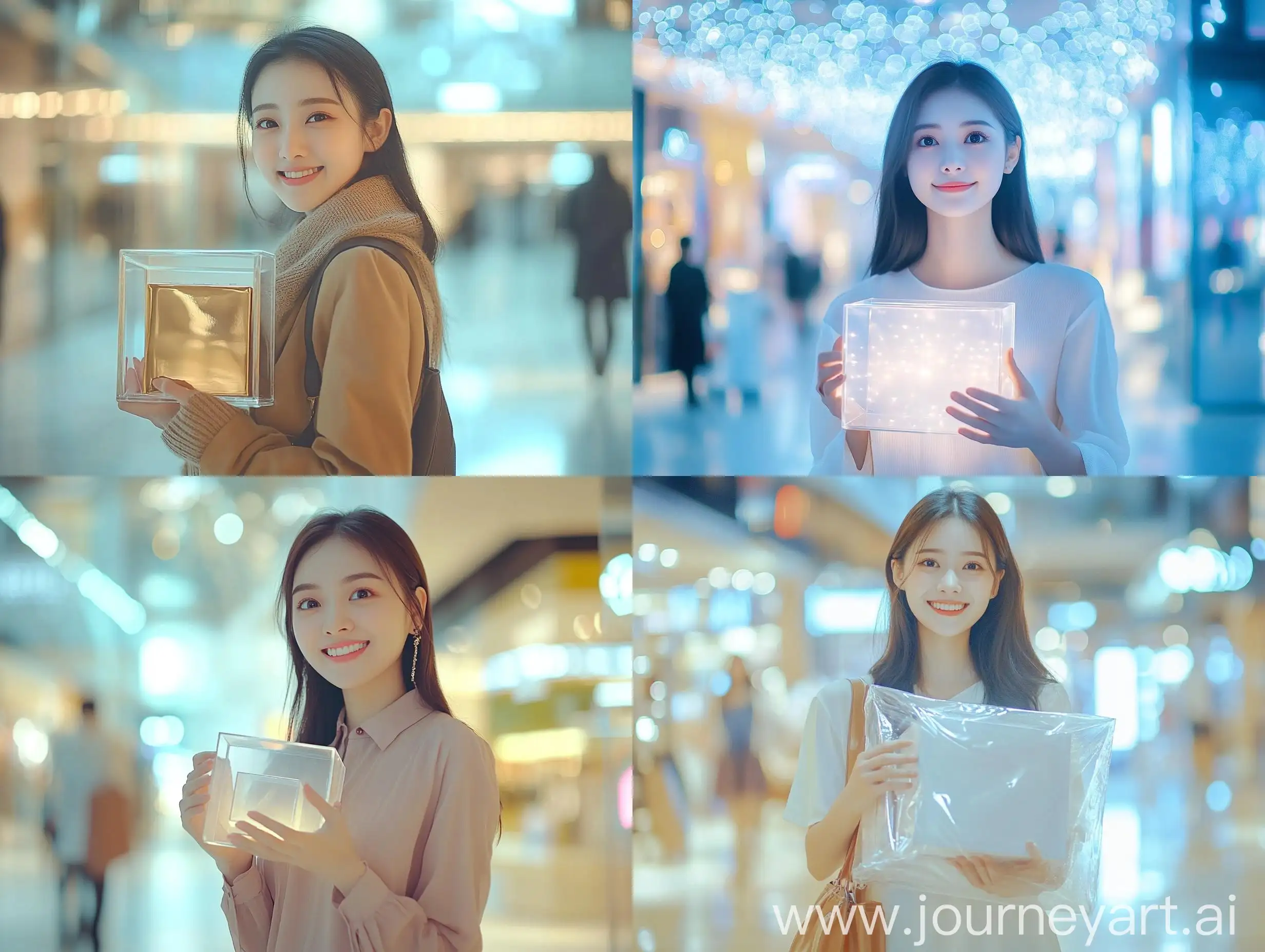 Asian-Woman-Holding-Transparent-Box-Smiling-in-Shopping-Mall