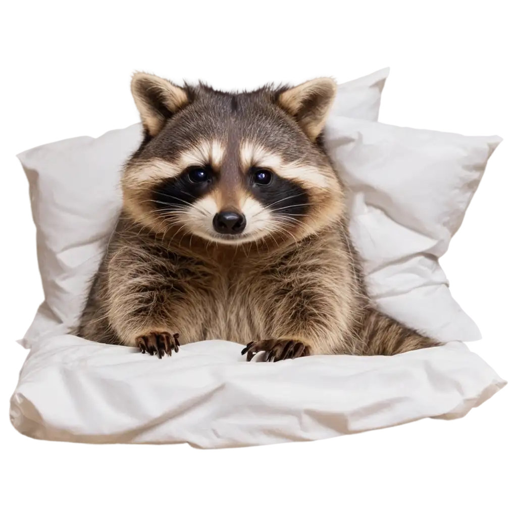 Raccoon feeling poorly with Covid, tucked up in bed surrounded by used tissues and feeling sorry for itself.