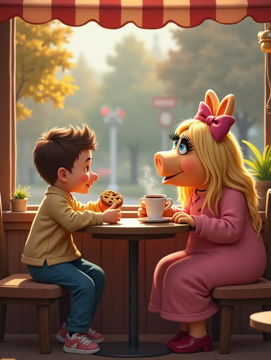 Miss Piggy and a little boy are sitting together at a coffee shop. The little boy is eating a cookie while miss Piggy is having a cup of coffee.