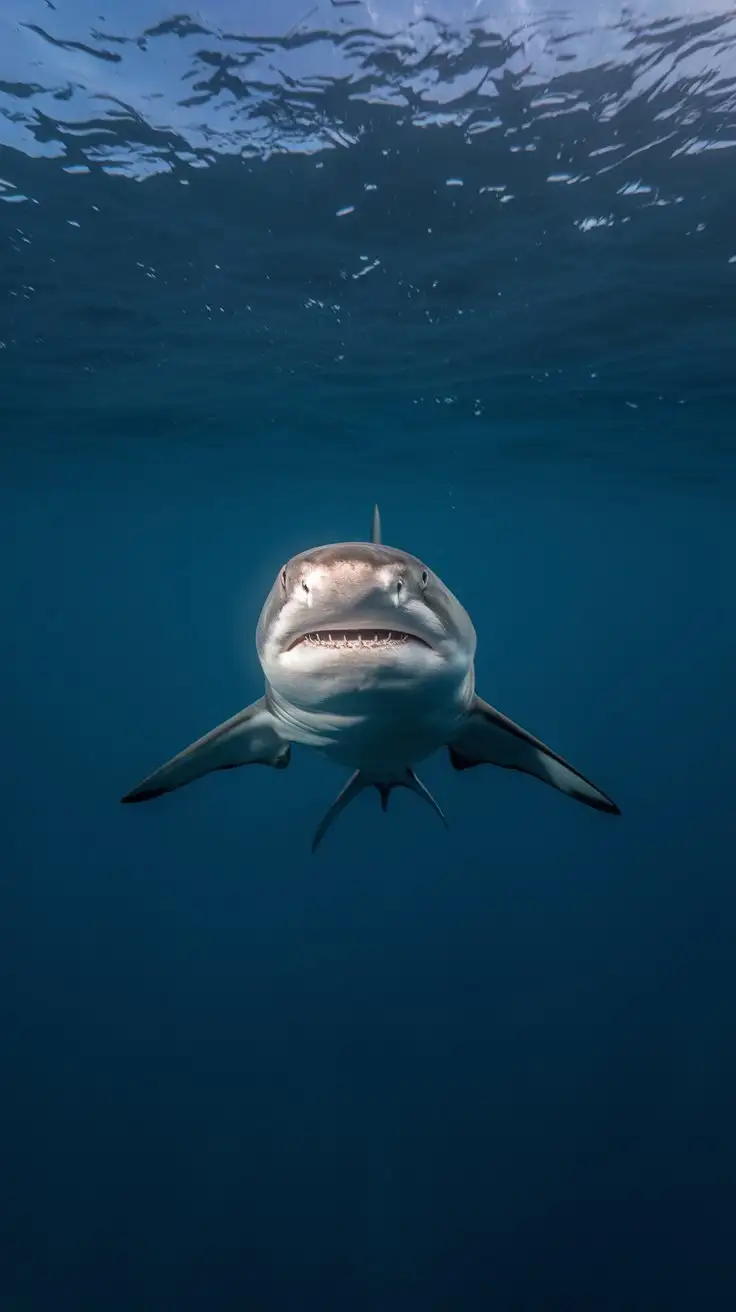 An open shot underwater photograph, capturing a single tiger shark swimming in the open ocean.  Blue gradient water, from light turquoise near the surface to deep azure in the depths.  Shark is centered, swimming directly towards the viewer, mouth slightly open, revealing teeth.  Minimalist composition, negative space, vastness, ocean depth, architectural lines of the shark's body, dramatic lighting from above, professional underwater photography, Canon EOS-1D X Mark III, 16-35mm lens, f/5.6, ISO 400, underwater strobe, clear water --ar 2:1 --v 5 --style raw --zoom 1.1