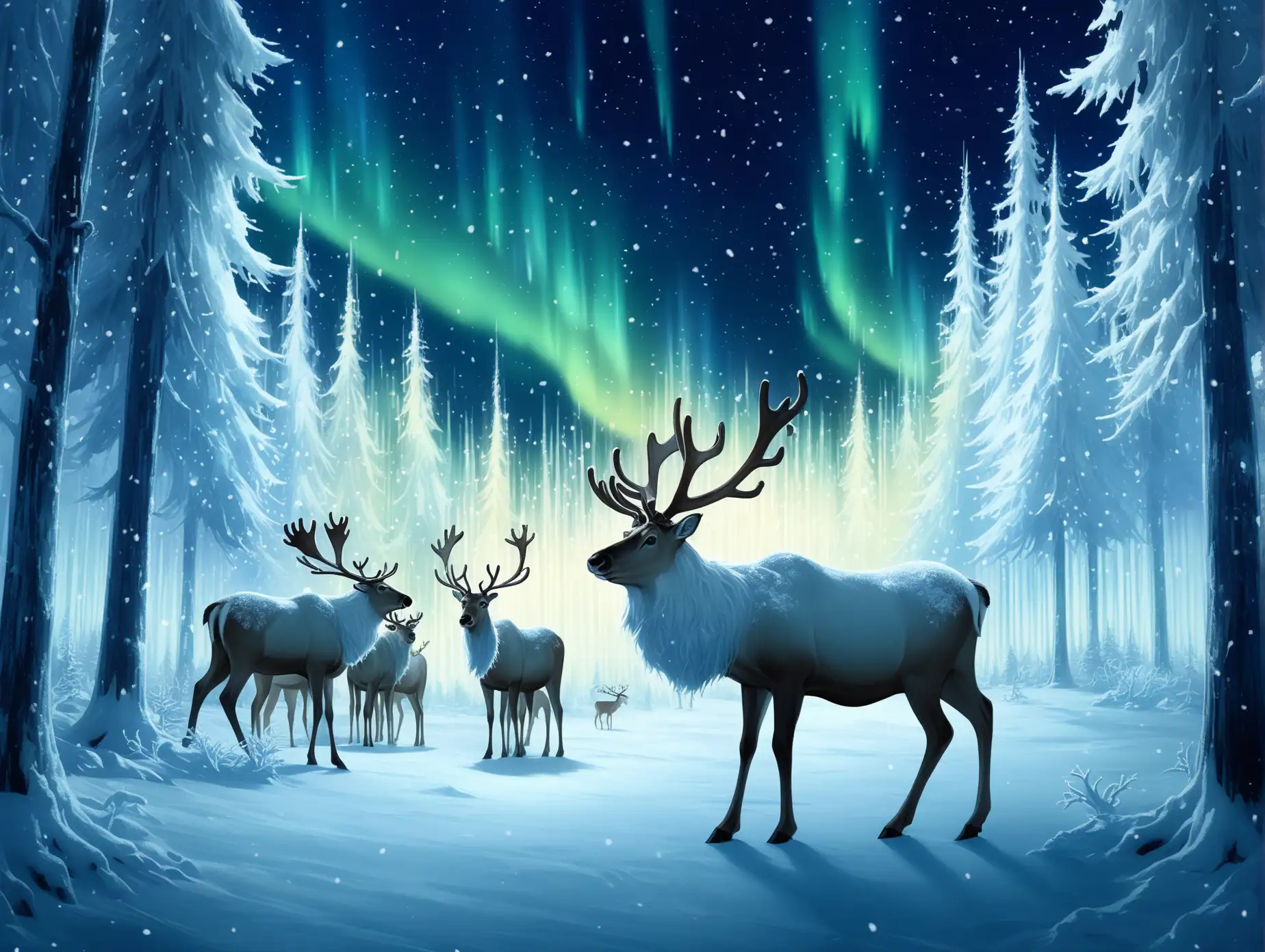 Majestic-Reindeer-with-Luminous-Antlers-in-Snowy-Enchanted-Forest