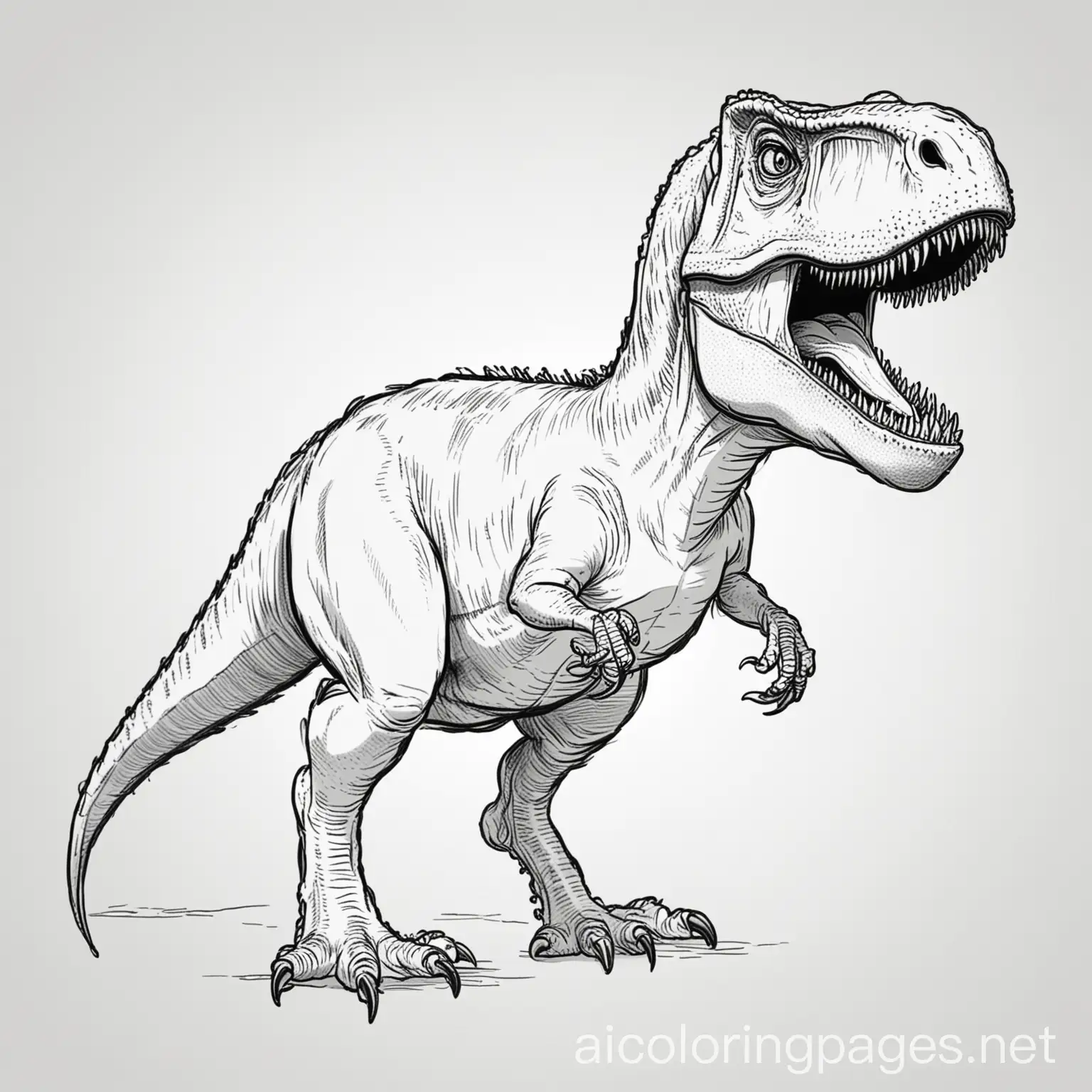 T-rex, black and white, Coloring Page, black and white, line art, white background, Simplicity, Ample White Space. The background of the coloring page is plain white to make it easy for young children to color within the lines. The outlines of all the subjects are easy to distinguish, making it simple for kids to color without too much difficulty