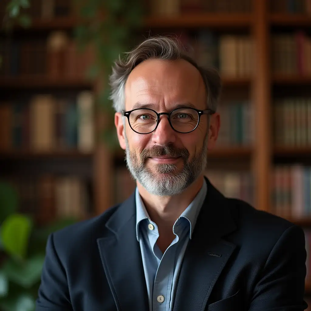 University Professor with tuscan gardens or library academic background. centered in frame. Close-up view showing head and upper torso. Realistic photographic style. Natural professional front light like a professional photo in a studio.