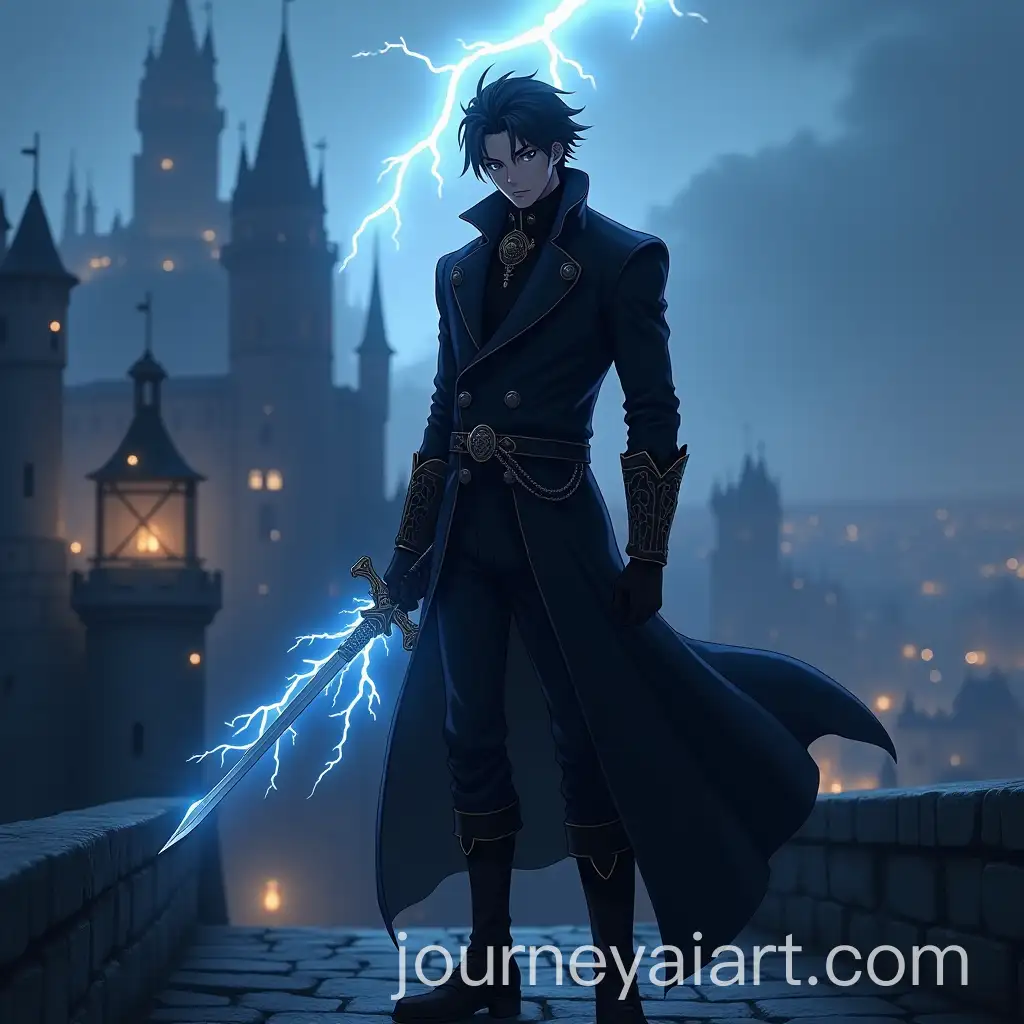 Anime-Man-in-Black-Medieval-Trench-Coat-with-Blue-Lightning-Sword-on-Castle-Bridge