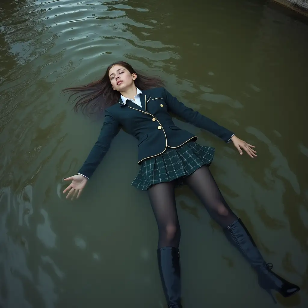 A young schoolgirl in a school uniform, with a skirt, jacket, blouse, dark tights, high-heeled shoes. Swims in a dirty pond. Lies underwater. In water up to her neck. The whole body is under water. Immersed in water. Under the water surface. Below the water surface. All clothes are completely wet. The clothes are soaked through. There are no dry parts of clothing. Wet clothes stick to the body.