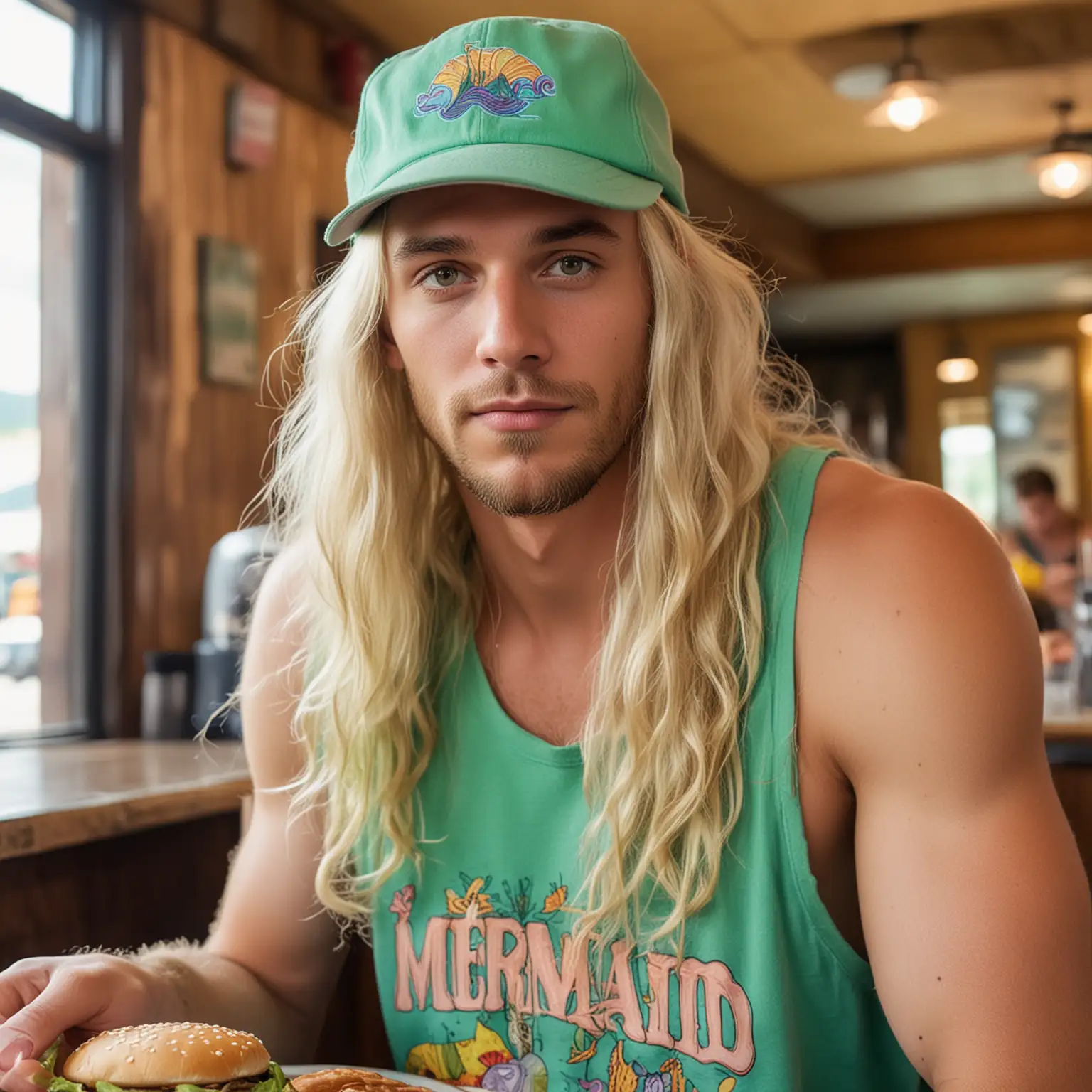 Blonde Hippie Man in Mountain Diner Waiting for Burger