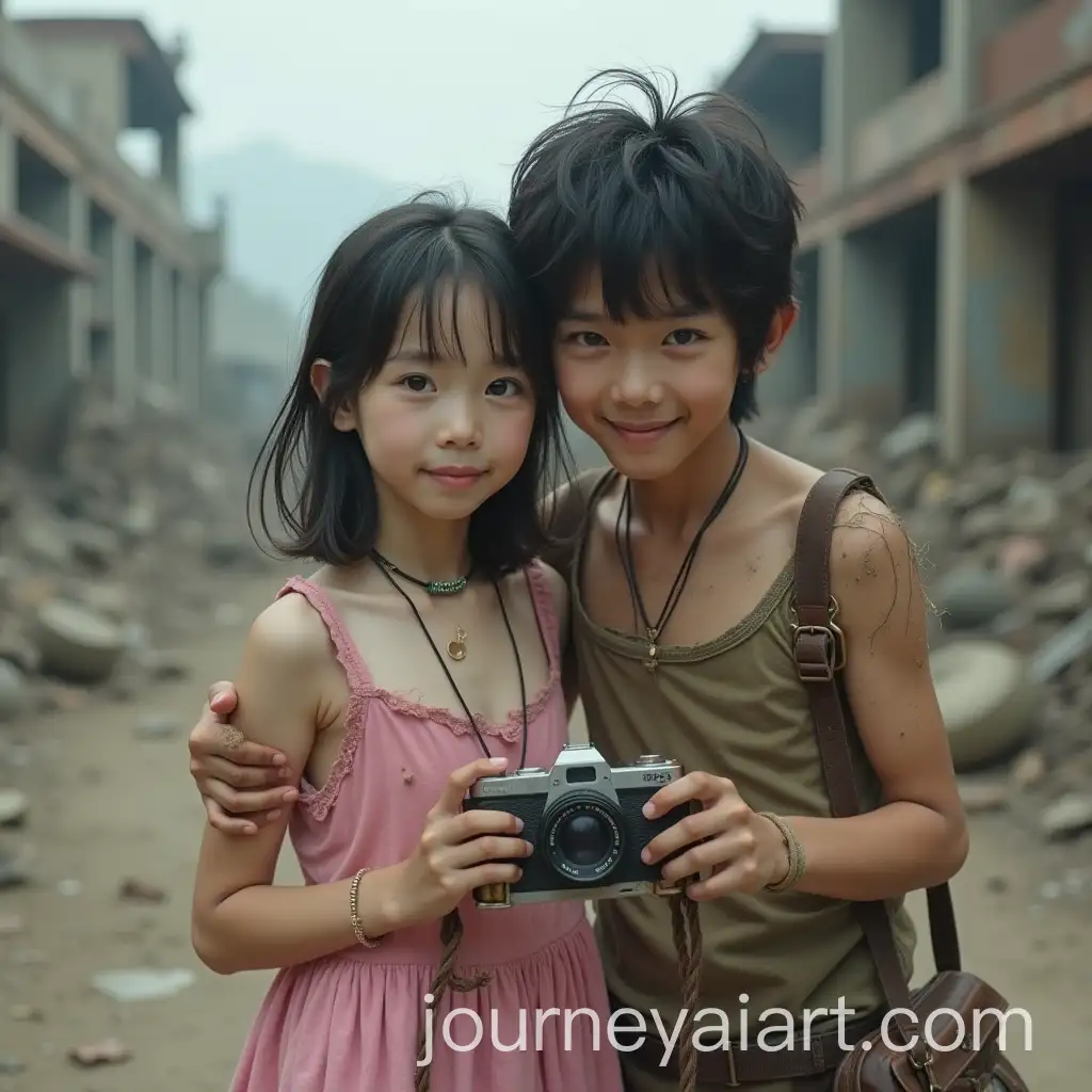AI-Image-ExpansionYoung-Asian-Couple-in-PostApocalyptic-Wasteland-Embracing-Love-Amid-Destruction