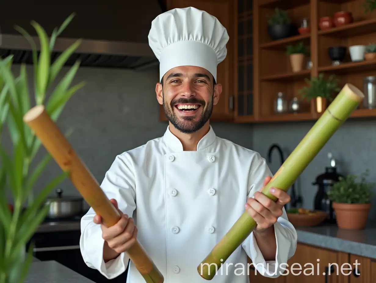 Chef in Modern Kitchen Holding Bamboo with Joyful Expression