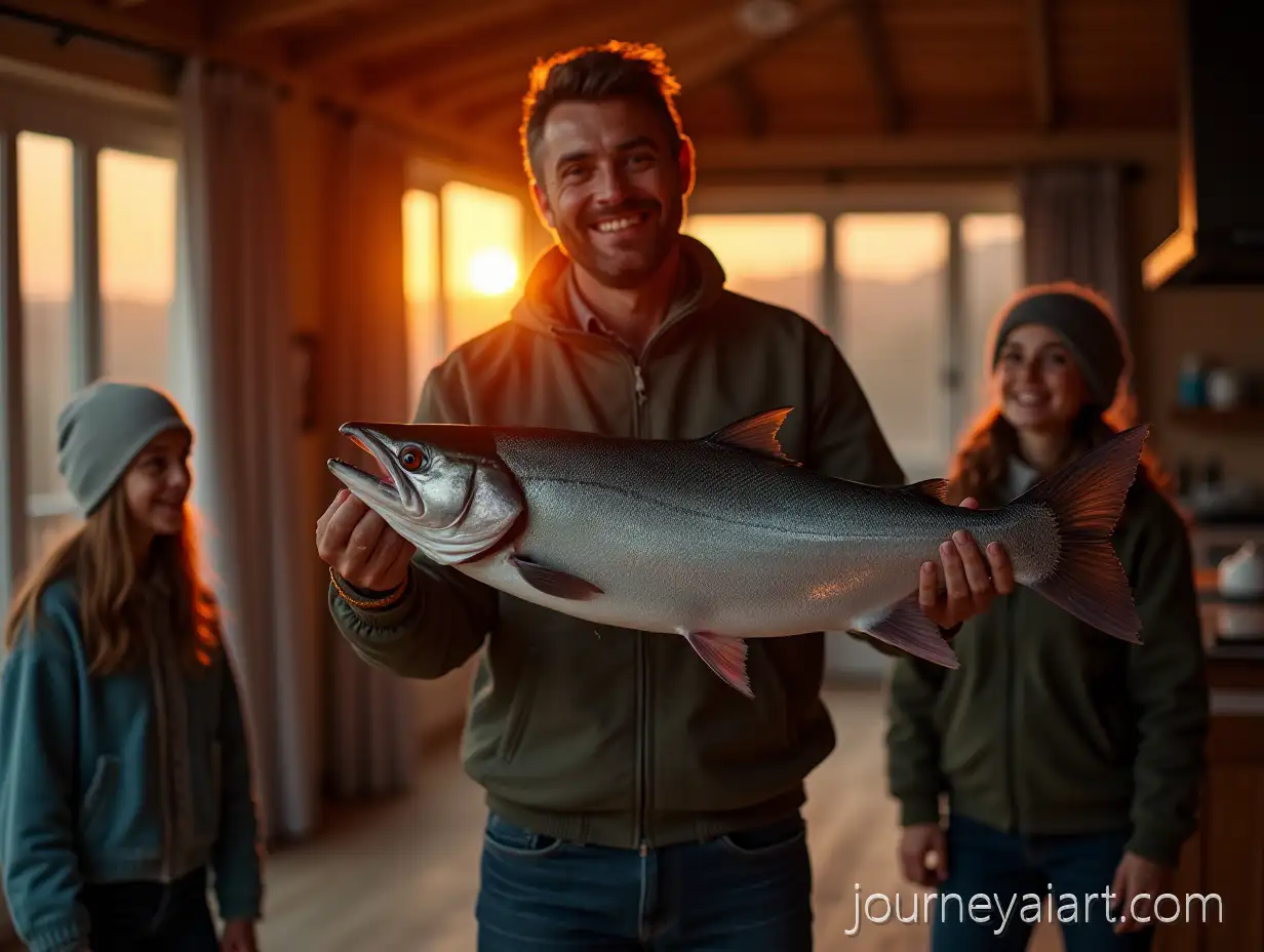 Happy-Family-Celebrating-Fathers-Fishing-Catch-in-Cozy-Living-Room-at-Sunset