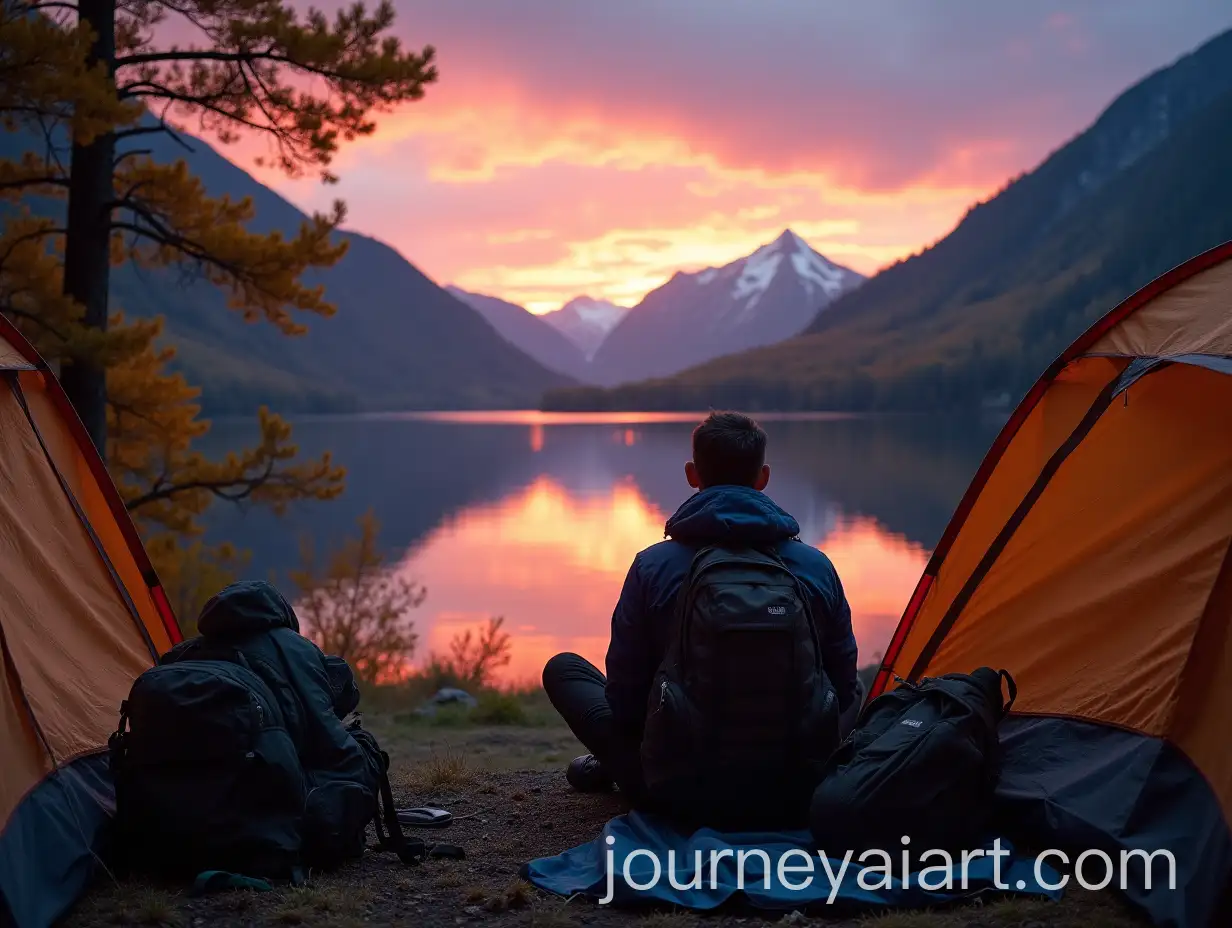 Solo-Camper-Enjoying-Sunset-Over-Alpine-Lake-in-Autumn