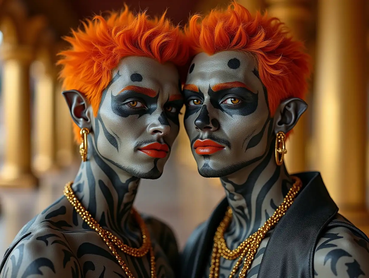 Two young men with black and white patterned faces, alien face, orange hair, with a slight smile on their faces, highlighting their smiles, modern retro jewelry, in a temple with much gold in various shades 4k