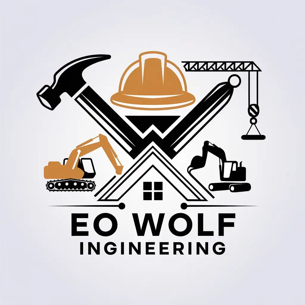 LOGO Design for EO WOLF Engineering Builder Hammer Helm Excavator Crane Elements for Construction Industry