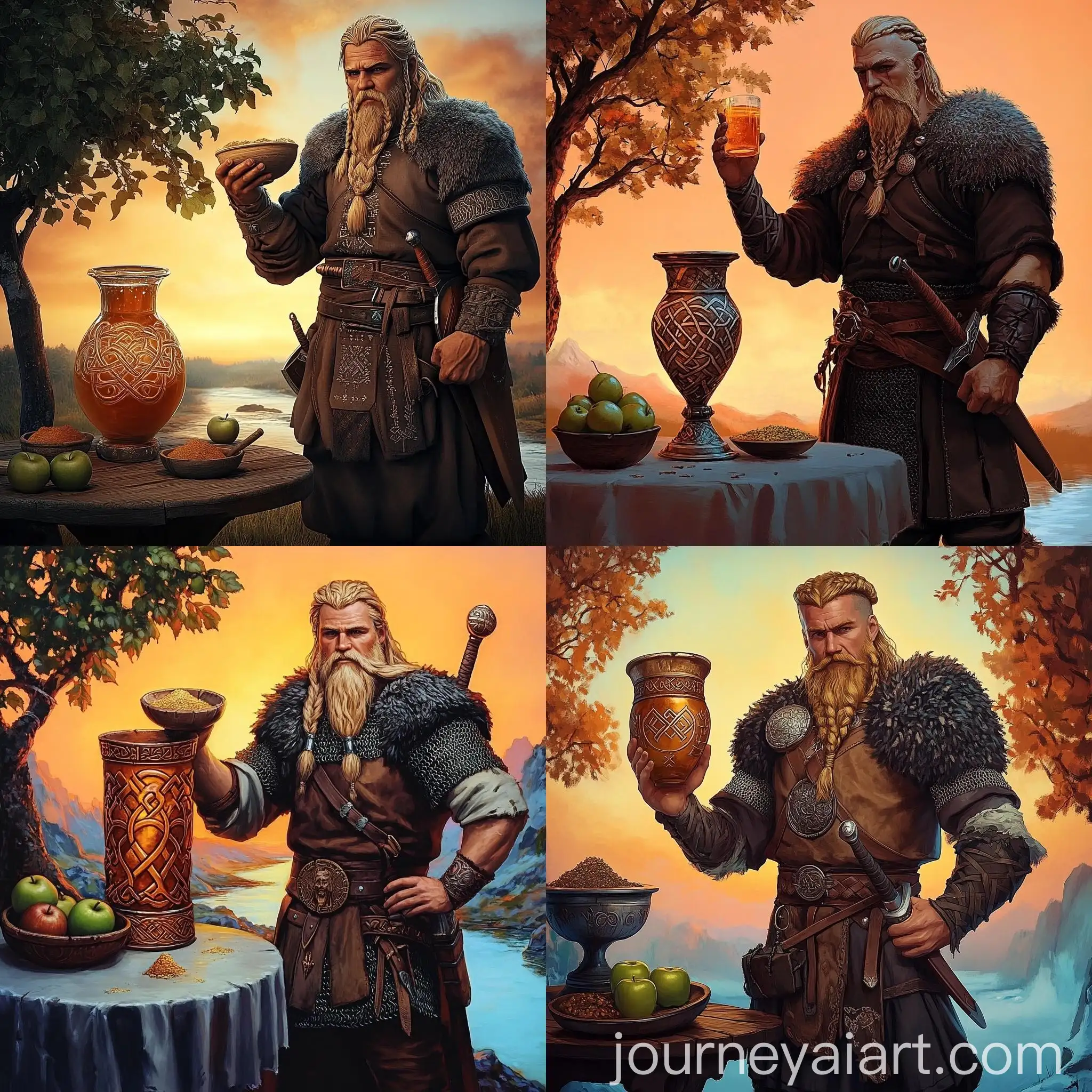 Viking-Warrior-at-Sunset-with-Honeyfilled-Vase-and-Apple-Tree