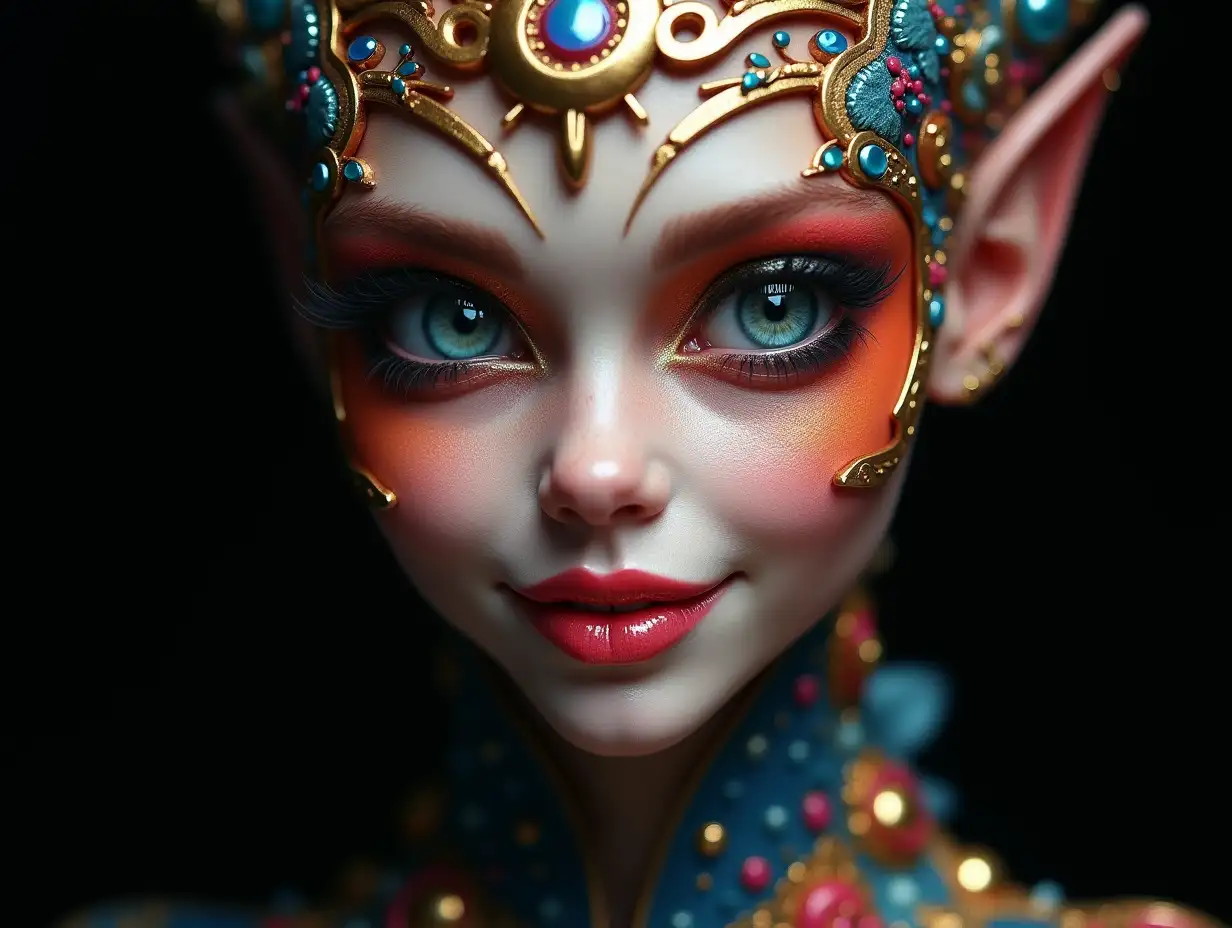 Depiction of a beautiful alien with makeup, shimmering around the eyes with a smile and intricately detailed, colorful and futuristic jewelry. Black background 30-mm shot