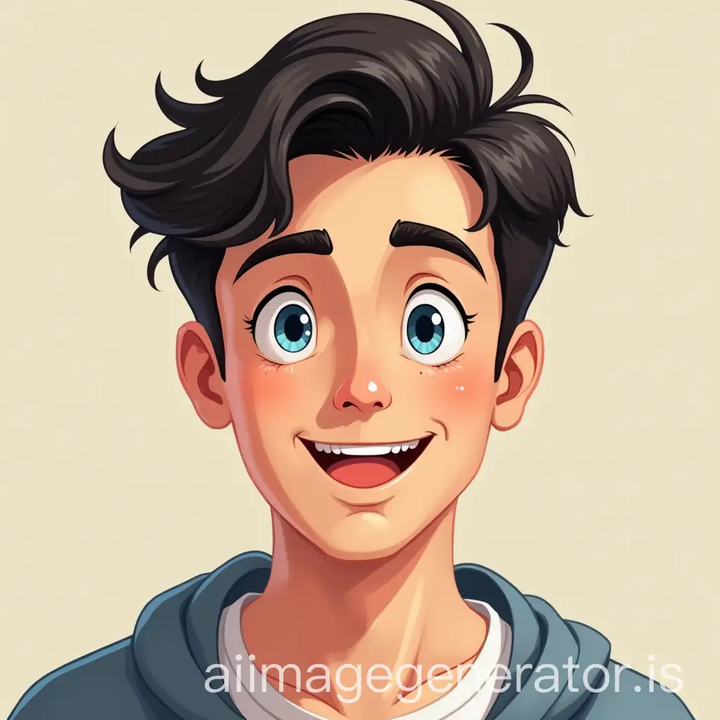 Image of a 25-year-old young man with dark hair, fair skin and blue eyes in a realistic and colorful cartoon style