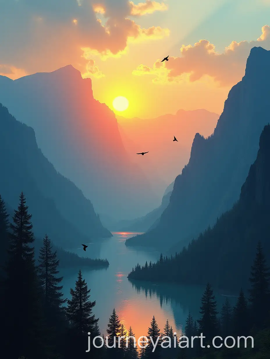 Sunrise-Over-Mountain-Landscape-withMountain-Sunrise-with-Lake-Lake-and-Birds-in-Flight