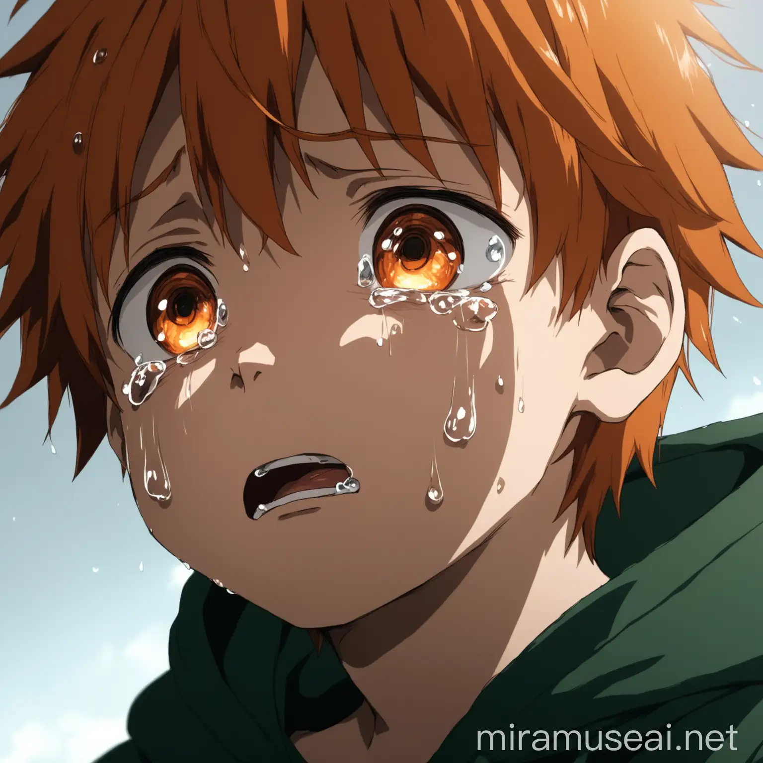 Emotional Anime Boy Crying Heavily in Dark Green Hoodie