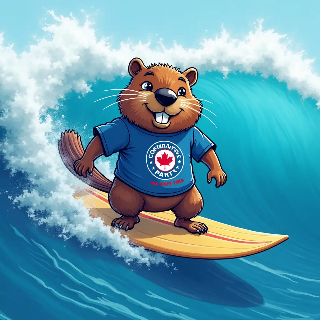 a beaver wearing a shirt that says Conservative Party is riding a huge blue wave, the surfboard the beaver is riding says: WE GOT THIS